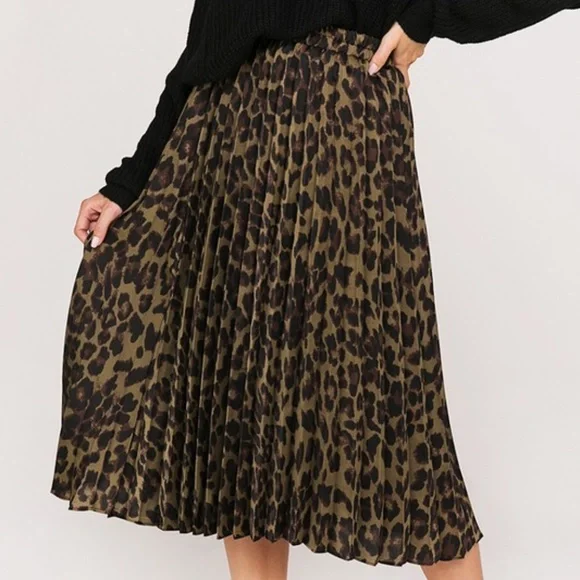 🆕 Leopard Animal Print Pleated Elastic Waist Midi Skirt LARGE SIZE